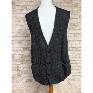 CARRAIG DONN Men's Aran Charcoal Gray Wool Sweater Size‎ Large Ireland Dad